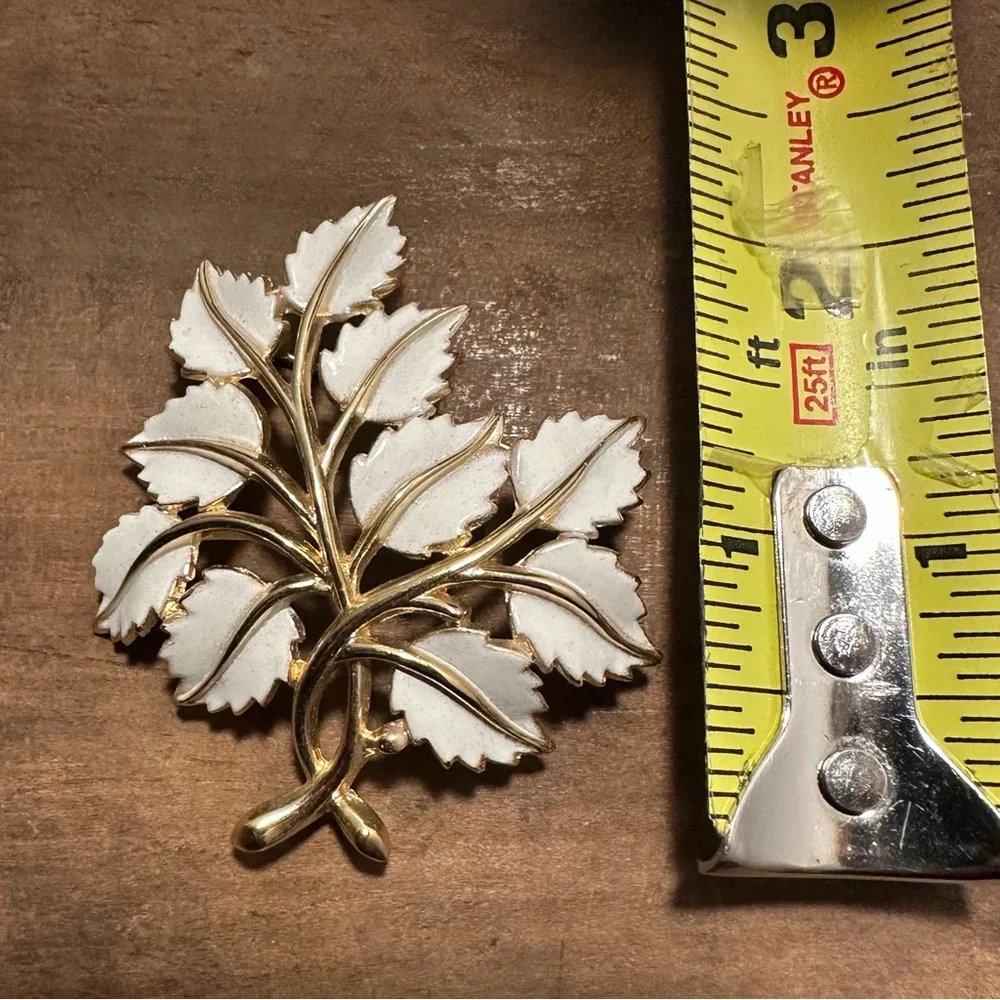 Trifari Vintage Brooch- White Enamel Leaves- Crown Trifari